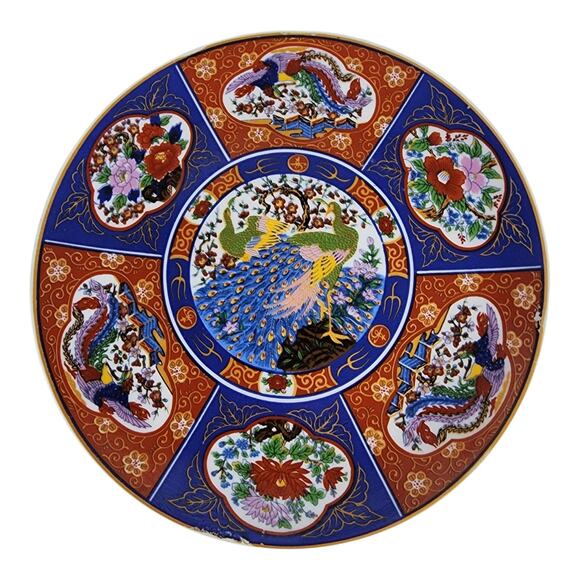 Asian Chinese Arita 8.5" Charger Plate Lmari Style Red Blue Peacock Porcelain - Picture 1 of 8